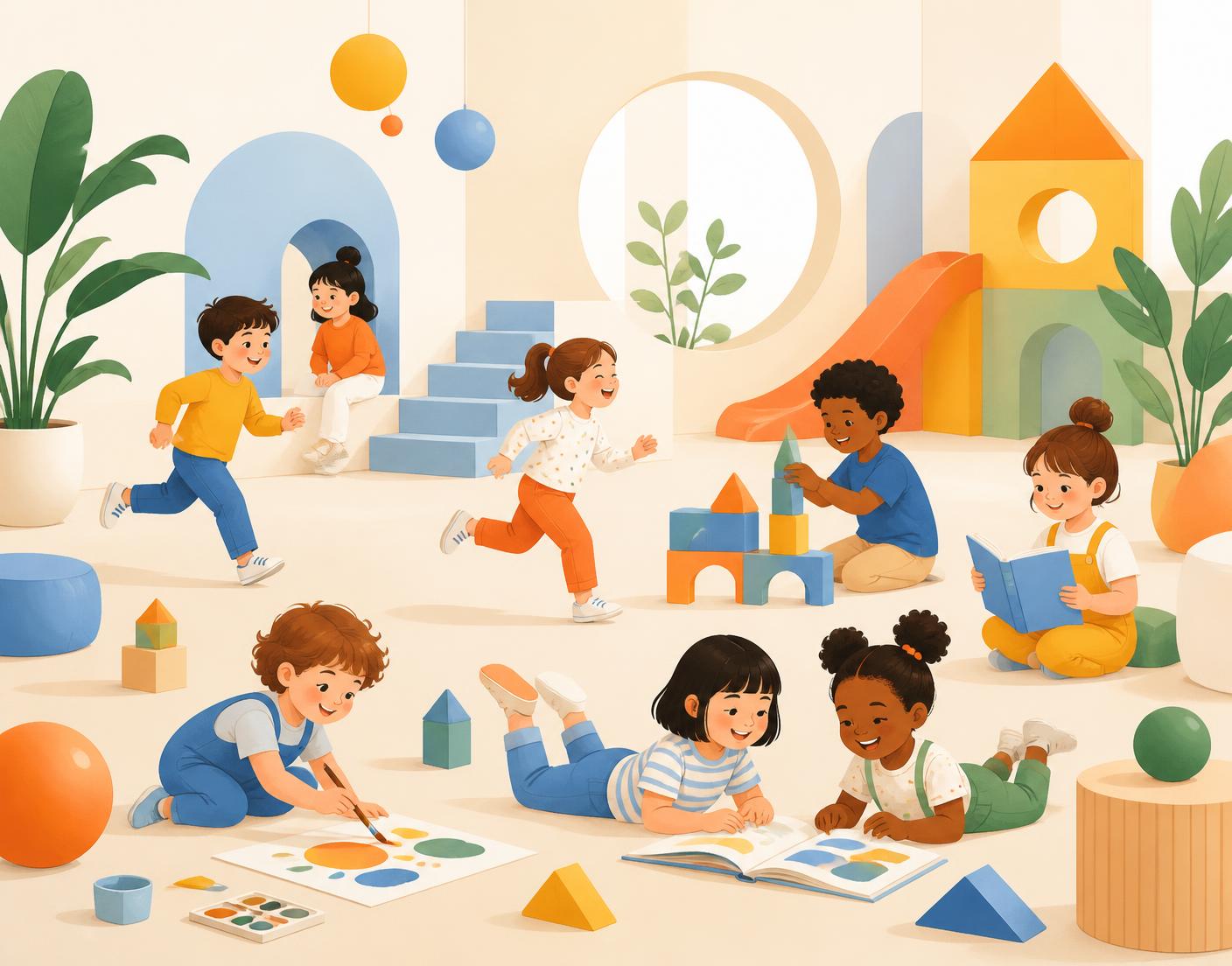 Children aged 4–11 running, building, painting and reading together in a bright Kryda space