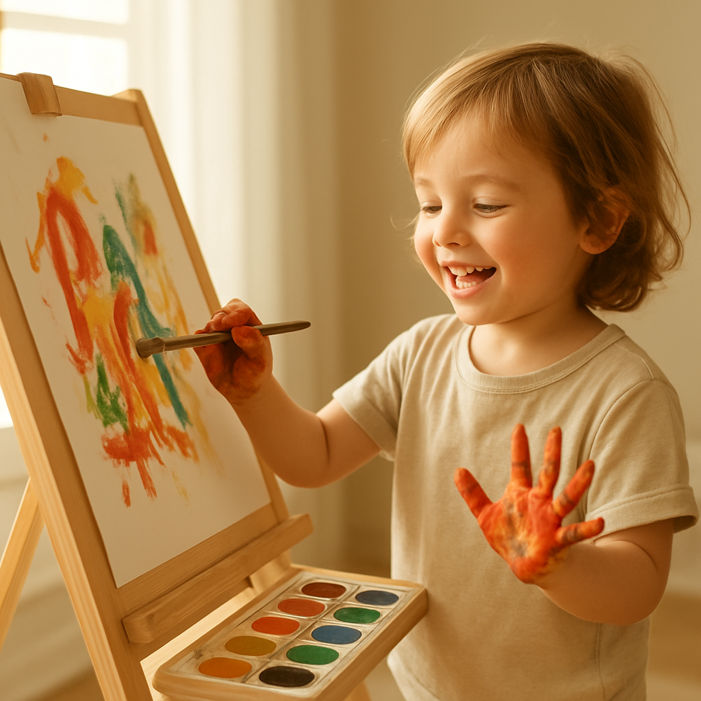 Child painting joyfully at an easel